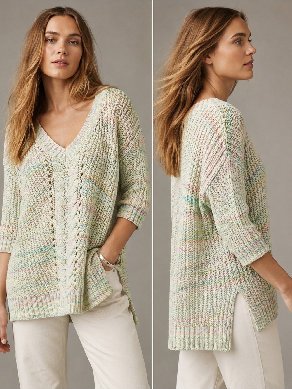 Anthropologie Pilcro V Neck Chunky Cable Knit Sweater Pullover Multicolored XS